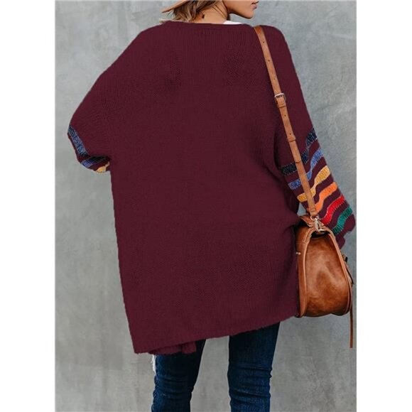 Women's Color Block Striped Open Front Long Cardigan Knit Sweater - Picture 3 of 4